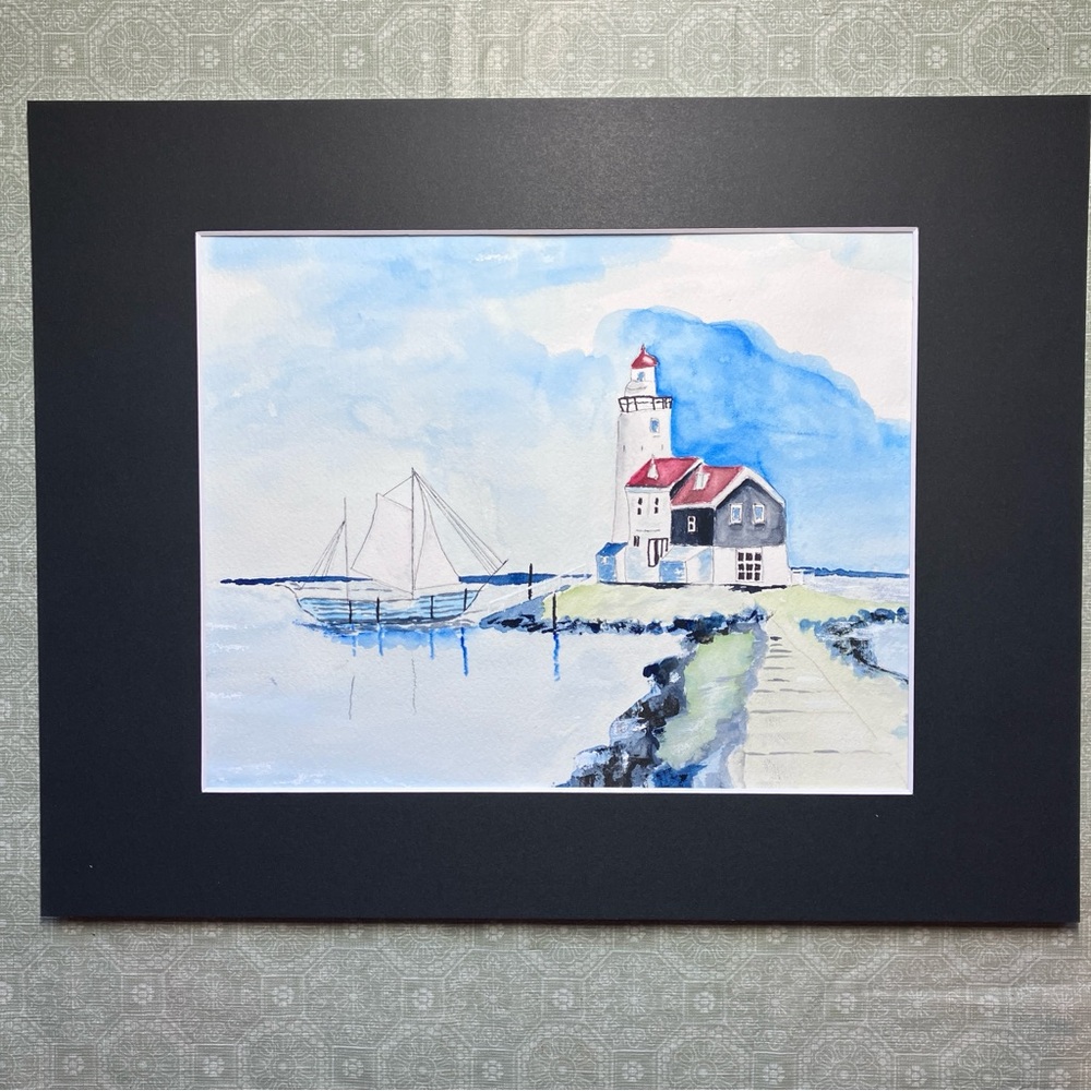 Tranquil Seaside Lighthouse Watercolor Painting Framed in Black Matting